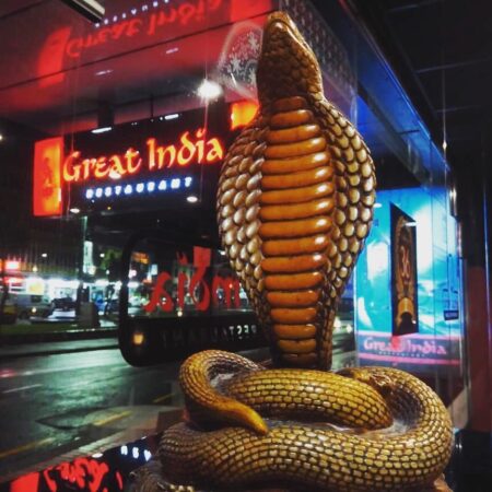 Great India restaurant in Wellington, showcasing its vibrant sign and warm, inviting atmosphere.