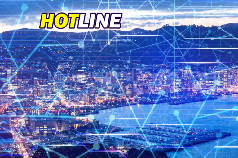 Skyline of Wellington with digital network overlay symbolizing tech innovation with Van Dam and global connectivity